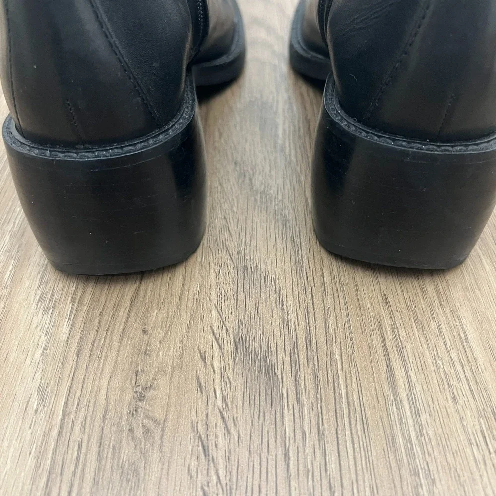 Black Leather Ankle Boots Side Zip Block Heel Moto Biker‎ Boots Women's 9.5